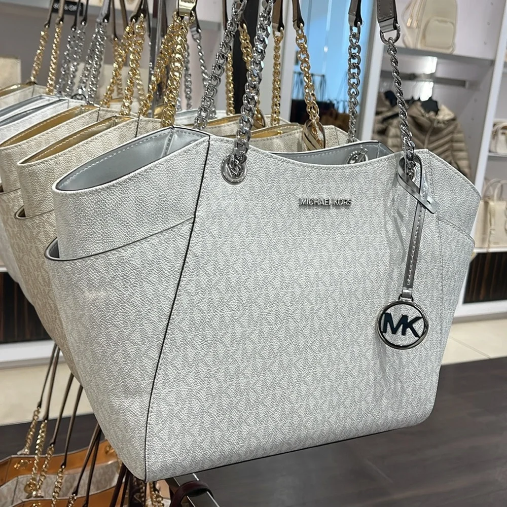 MICHAEL KORS  Jet Set Travel Large Signature Chain Shoulder Tote Bag Silver  NWT